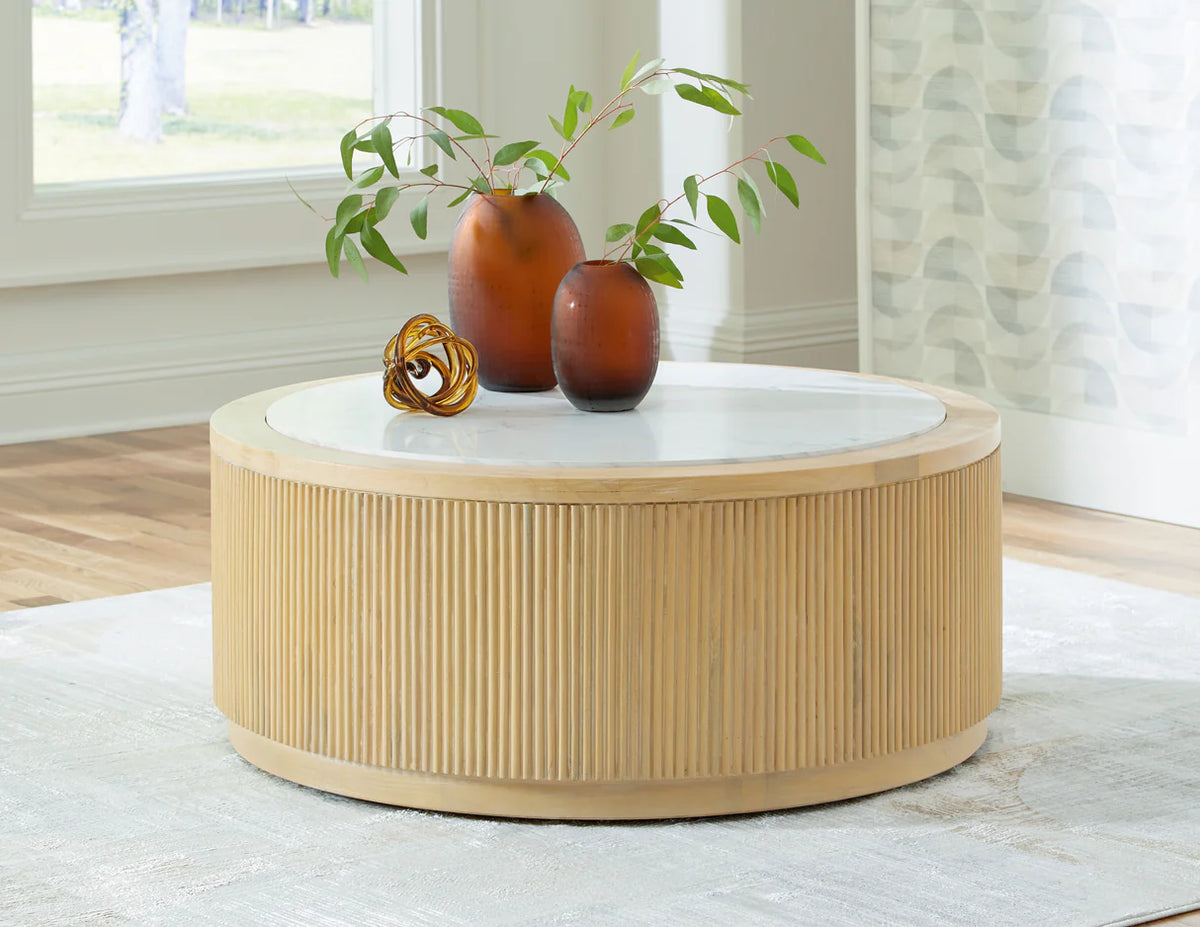 Camdill Light Wood and Faux Marble Coffee Table