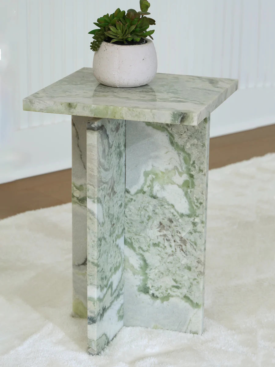 Deaconwell White and Green Marble Accent Table
