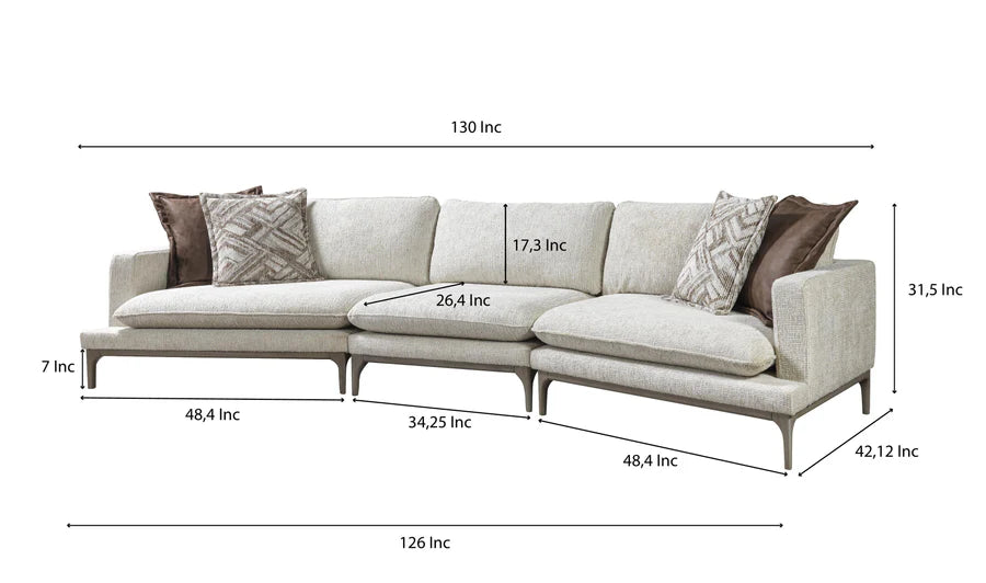 Dylan Ivory Linen 3-Piece Curved Sectional with Ottoman