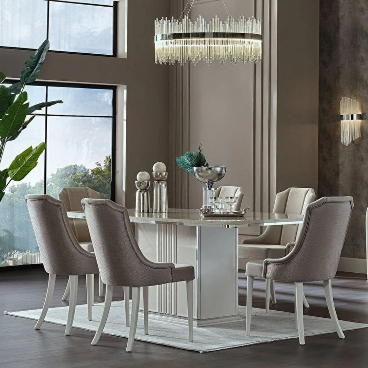 Gravita Dining Table, Chair Pair, Buffet & Mirror