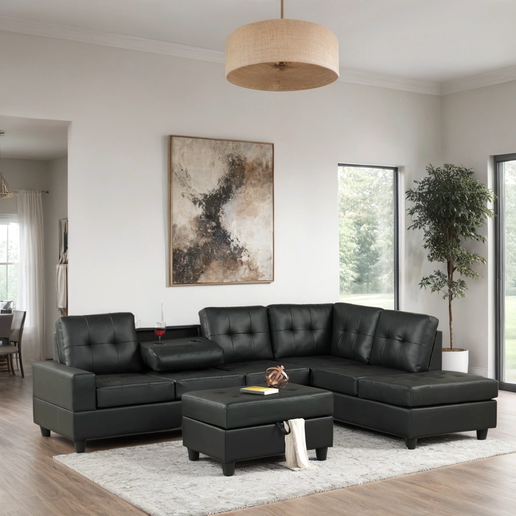 Heights Faux Leather Reversible Sectional with Storage Ottoman
