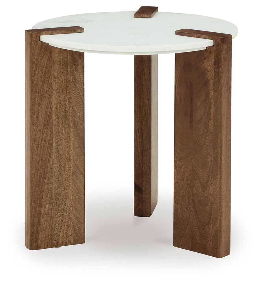 Isanti White Marble and Brown Wood End Table