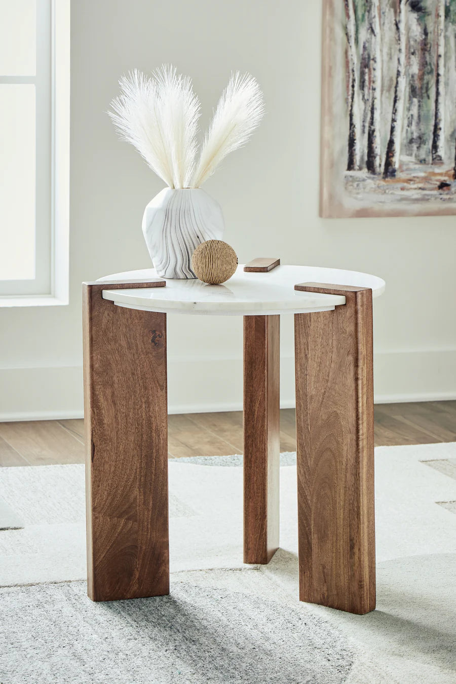 Isanti White Marble and Brown Wood End Table