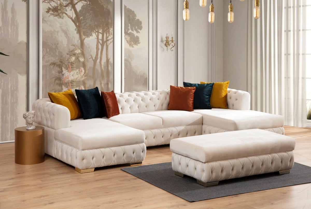 Sofá seccional doble chaise Matilda de terciopelo marfil con mechones