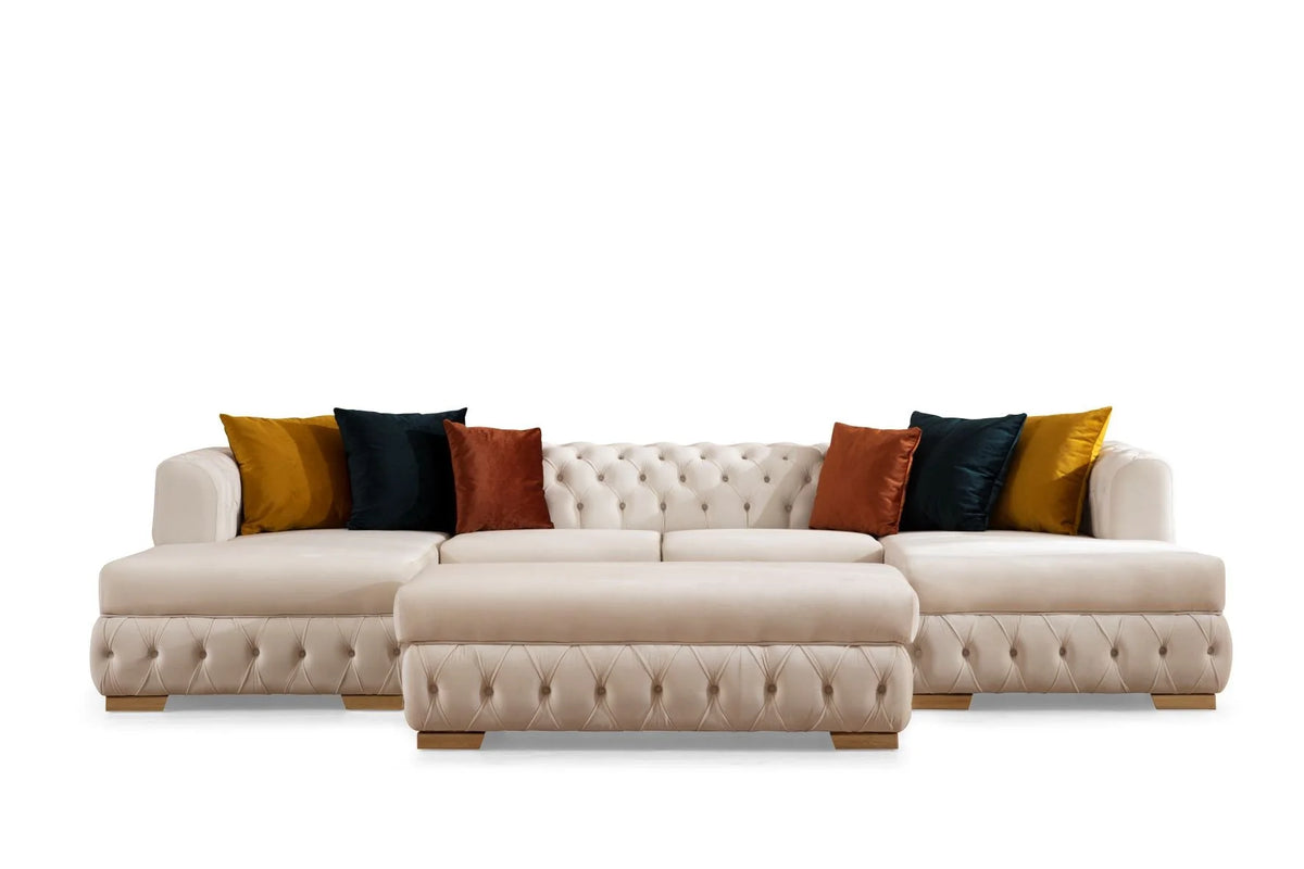 Sofá seccional doble chaise Matilda de terciopelo marfil con mechones