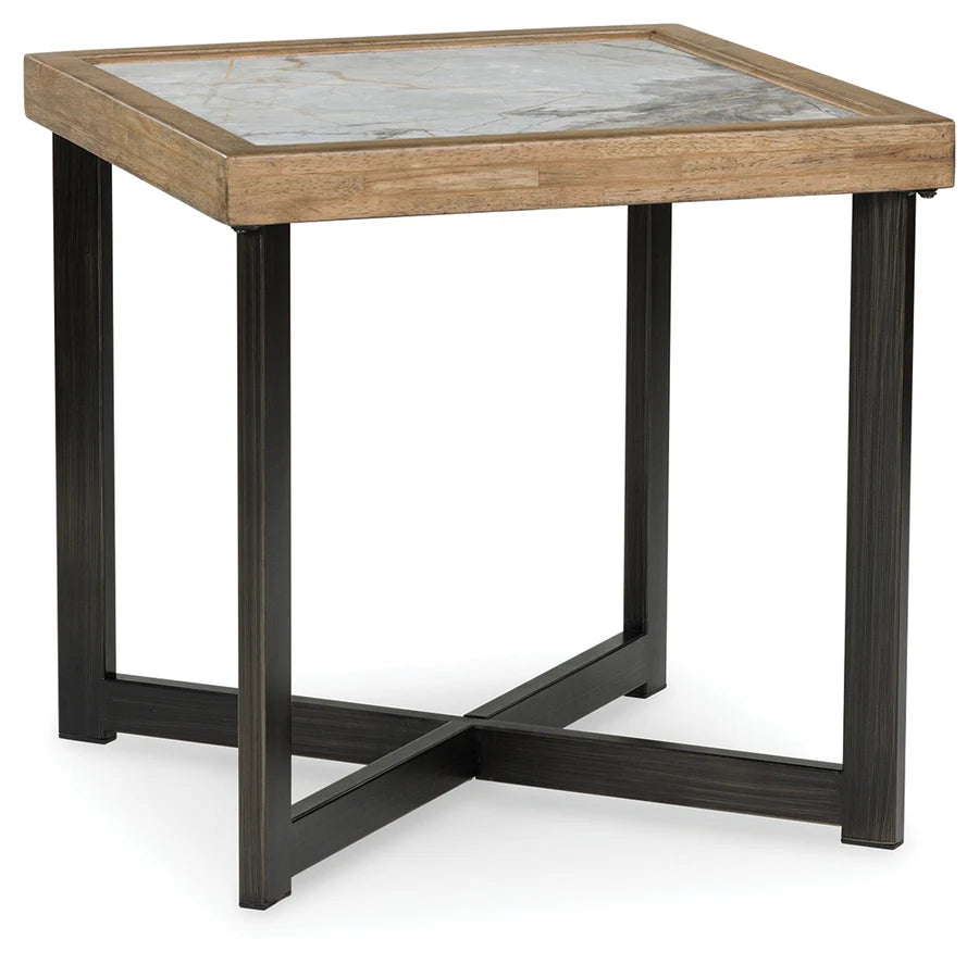 Montia Natural Wood and Black End Table with Stone-Look Top