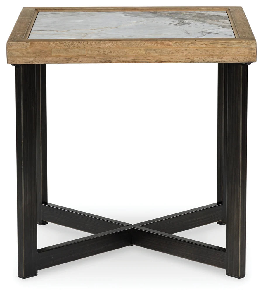 Montia Natural Wood and Black End Table with Stone-Look Top