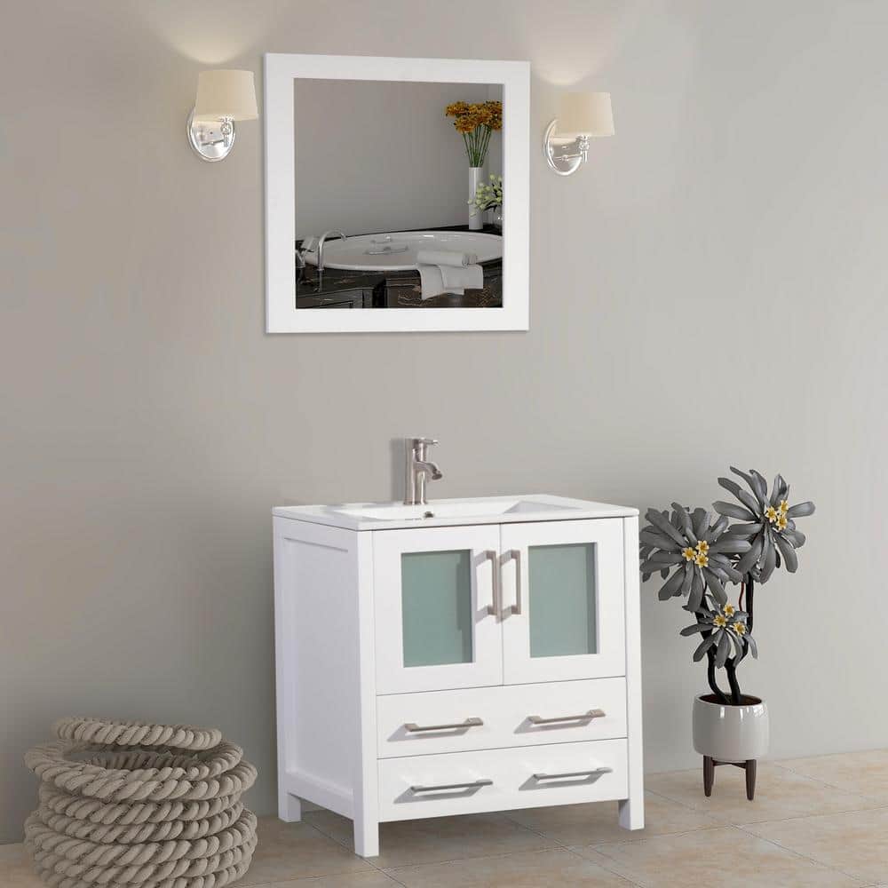 Brescia 30 in. White Vanity with Ceramic Top, Basin and Mirror