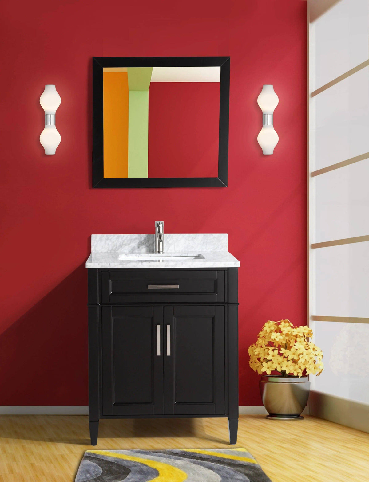 Juego de tocador de baño con lavabo individual de 30 pulgadas en color espresso y cubierta de piedra de mármol de Carrara.