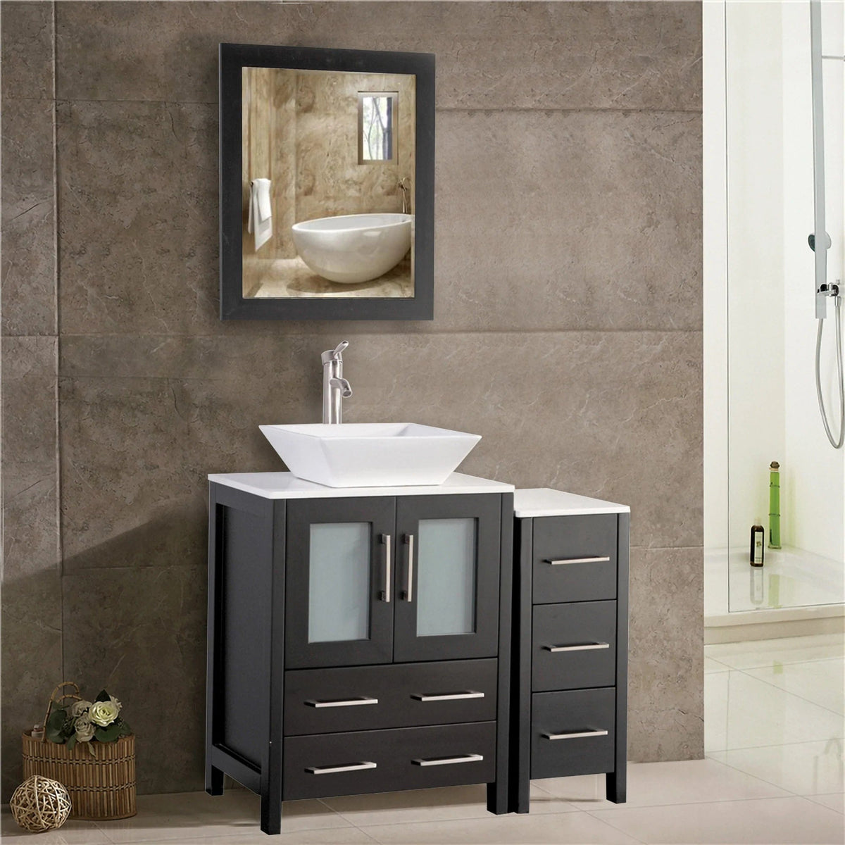 Ocean Royal 36 in. Espresso Vanity Set with Side Cabinet & Mirror