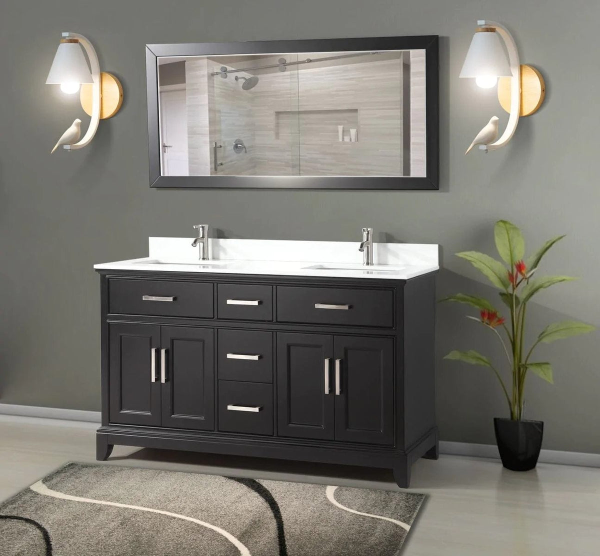Juego de tocador de baño con lavabo doble de 60 pulgadas en color espresso