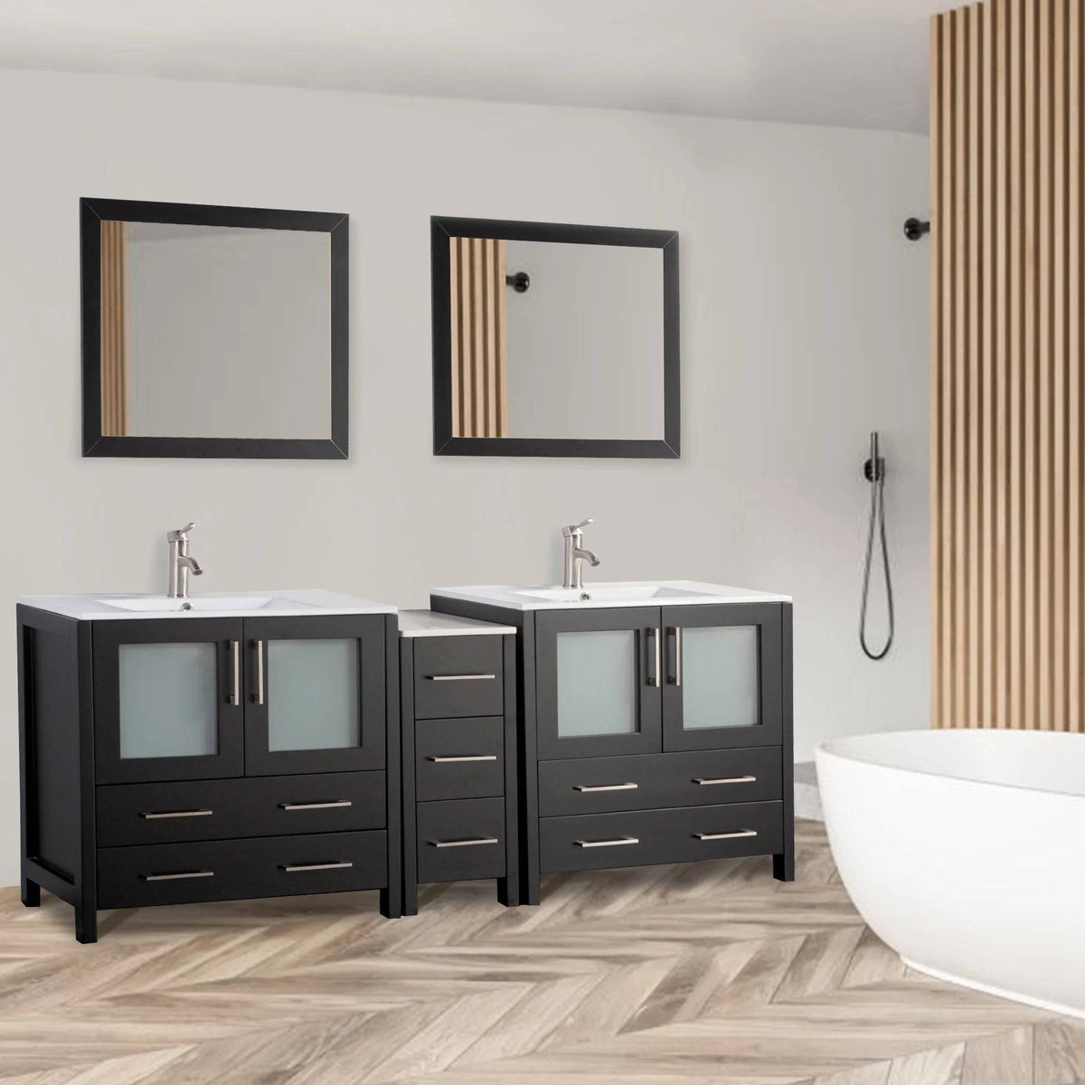 Conjunto de tocador de baño moderno compacto con lavabo doble de 84 pulgadas en color espresso