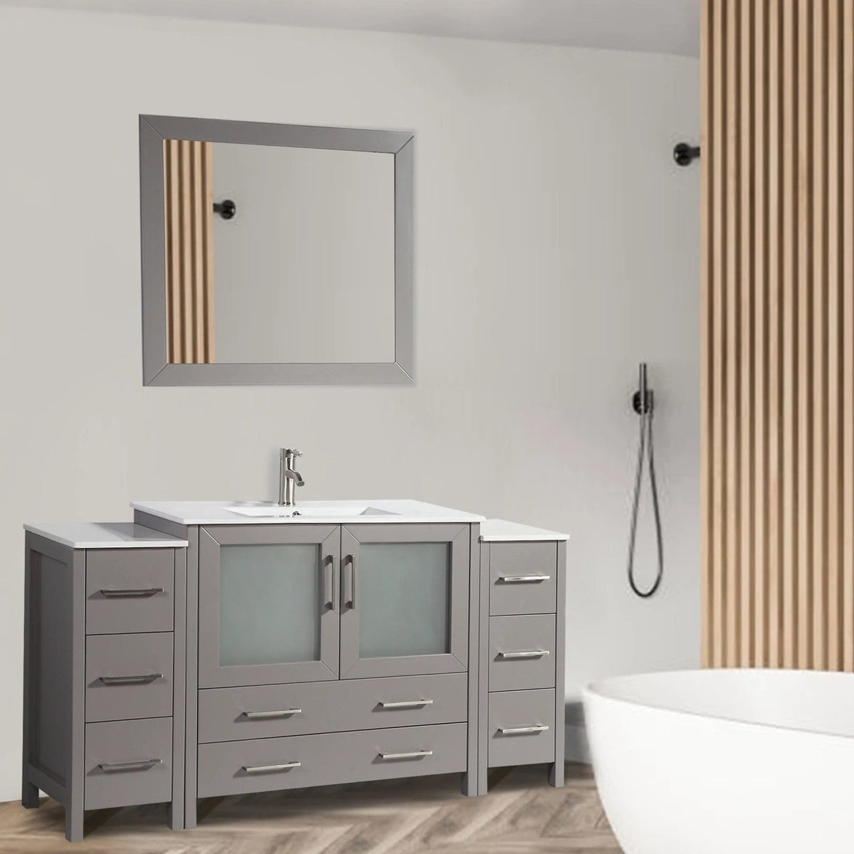 Conjunto de tocador de baño moderno compacto con lavabo individual de 60 pulgadas en gris