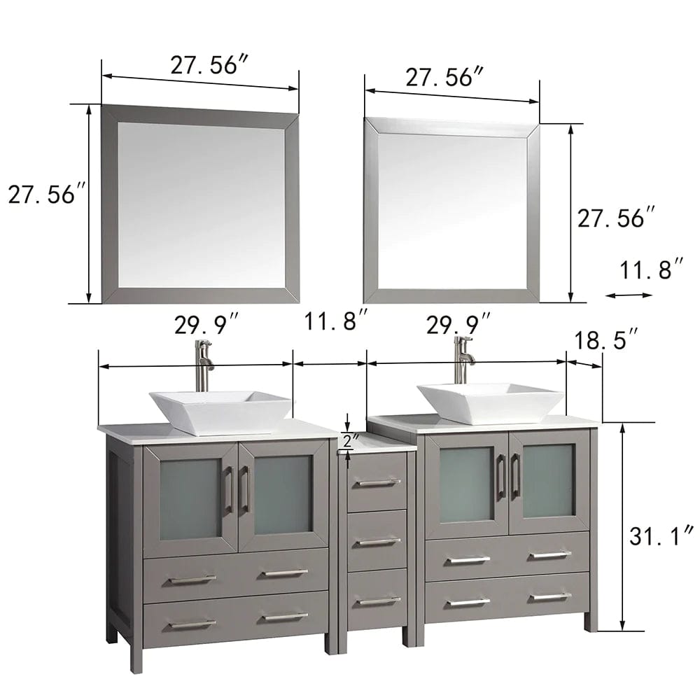 Ocean Royal 72 in. Gray Double Sink Vanity Set with 7 Drawers