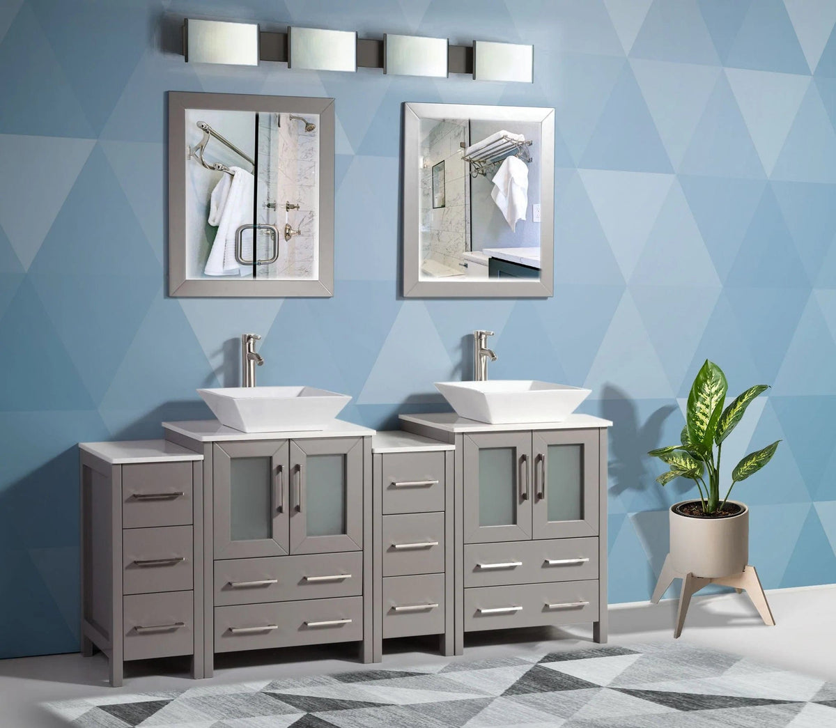 Conjunto de tocador de baño con lavabo doble de 72 pulgadas en gris