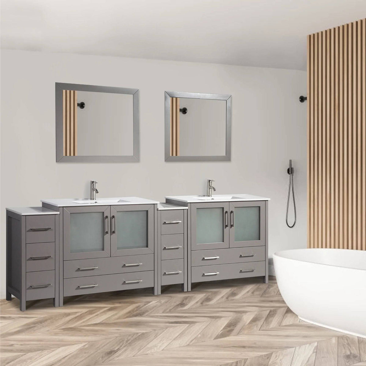 Tocador de baño moderno compacto con lavabo doble de 84 pulgadas en gris
