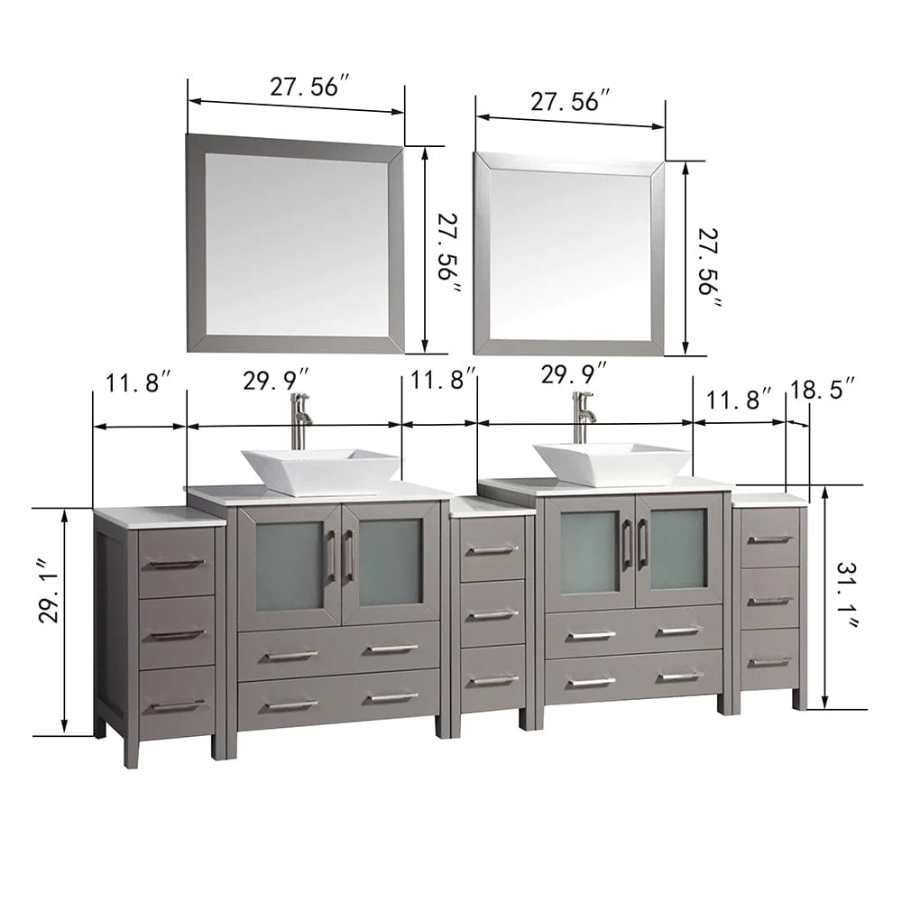 Conjunto de tocador de baño con lavabo doble de 96 pulgadas en gris