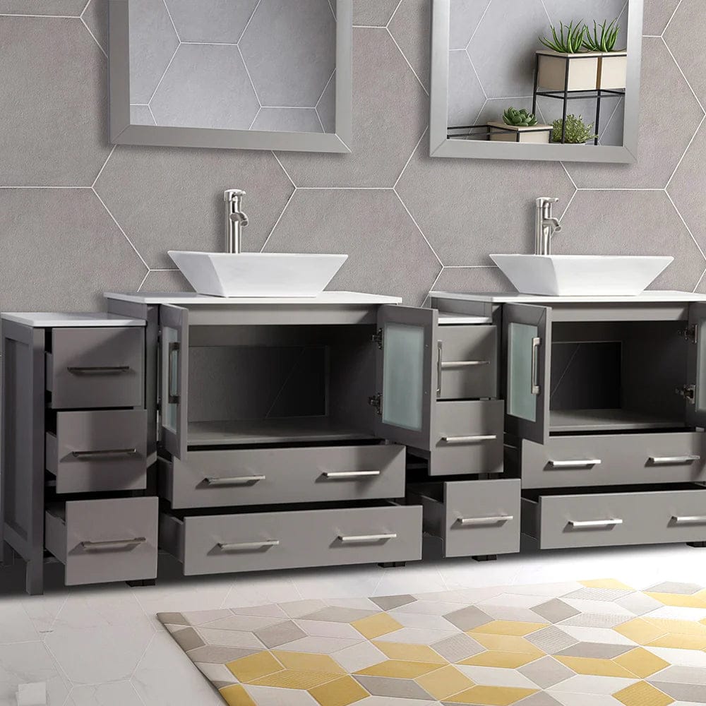 Conjunto de tocador de baño con lavabo doble de 96 pulgadas en gris