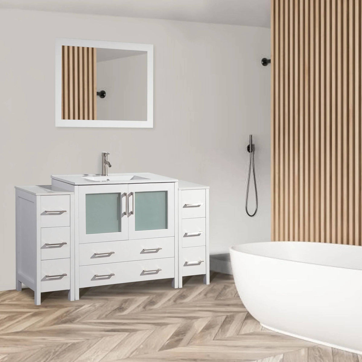 Conjunto de tocador de baño moderno compacto con lavabo individual de 60 pulgadas en blanco