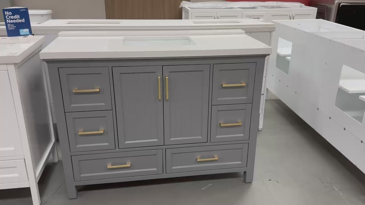 Load video: 48 in. Gray Single Sink Vanity with Carrara Marble Top